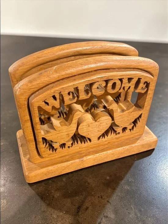 Vintage 1975 Solid Wood Die Cut Goose Welcome Napkin Recipe Mail Book Holder - Picture 5 of 13